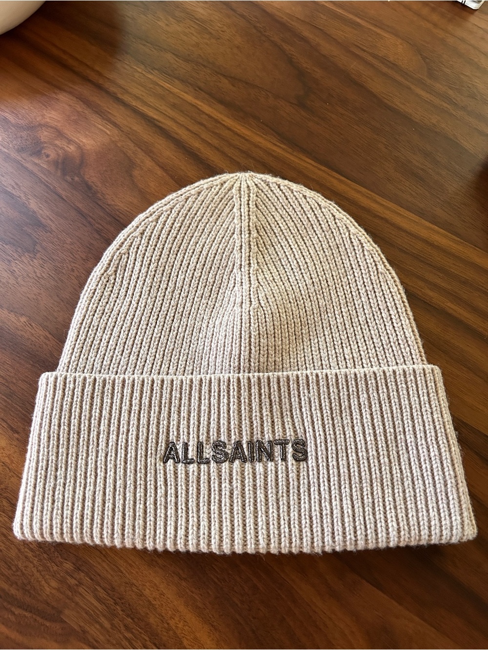 All Saints beanie with metallic logo.